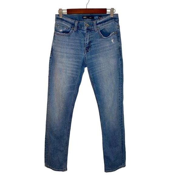 BKE Alec Straight Leg Light Wash Distressed Stretch Mid Rise Mens Denim Jeans - Picture 1 of 6